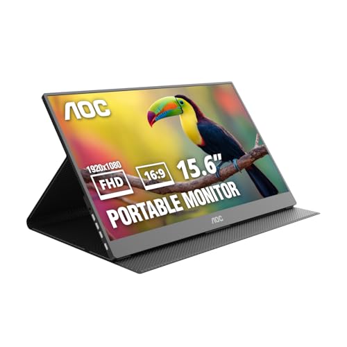 AOC Monitor portátil 16T20 de 15,6 polegadas FHD 1920 x 1080, painel IPS, alto-falantes, USB tipo C x2, mini HDMI x1, capa inteligente premium, compatível com console de jogos