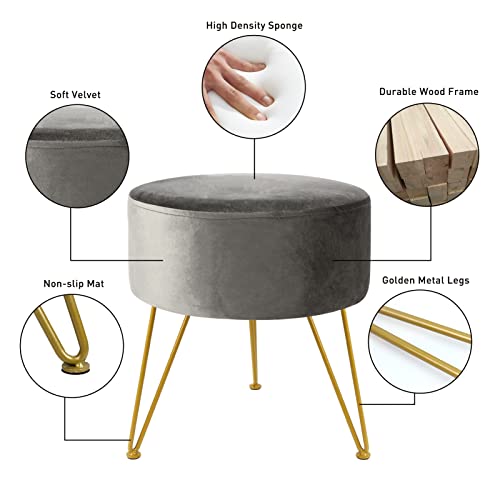Ecomex Velvet Round Ottoman With Metal Legs, Upholstered Round Footrest Stool Footrest Ottoman Vanity Makeup Stool Modern Furniture For Living Room Bedroom, Grey #TOP3