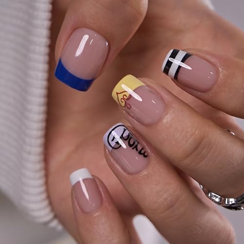 Image of CurvLife Soft Gel Square Press-On Nails Short, Reusable Fake Nails with Glue & Adhesive Tabs, 30PCS Salon-Quality Stick-On Nails for At-Home Manicure (Paris Script)