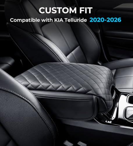 Image of Center Console Cover for KIA Telluride 2026 2025 2024 2023 2022 2021 2020, 1.2-Inch Thick PU Leather Middle Armrest Cushion Protector Pad with 2 Side Pockets for 2020-2026 Telluride, Black