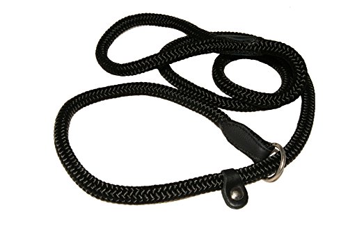 Guinzaglio in robusta corda nera per addestramento cani, laminato con collare a strozzo, 120 cm con finiture in pelle nera