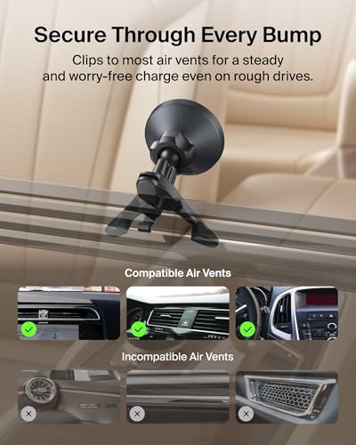Image of Belkin Wireless Car Charger, Magnetic Car Vent Mount w / 3.3ft USB C Cable, Qi2 MagSafe Compatible Fast Charging iPhone Charger for iPhone 17, Galaxy S26, Pixel 10, & More - Travel Accessories - Black