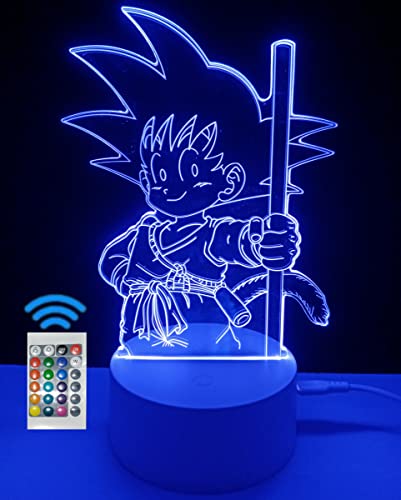 Luz de noche 3D ilusión óptica lámpara decorativa de mesa Son Goku Niño Dragon ball 16 colores de iluminación y mando a distancia lámpara de mesita de noche para regalo (Son Goku Niño)