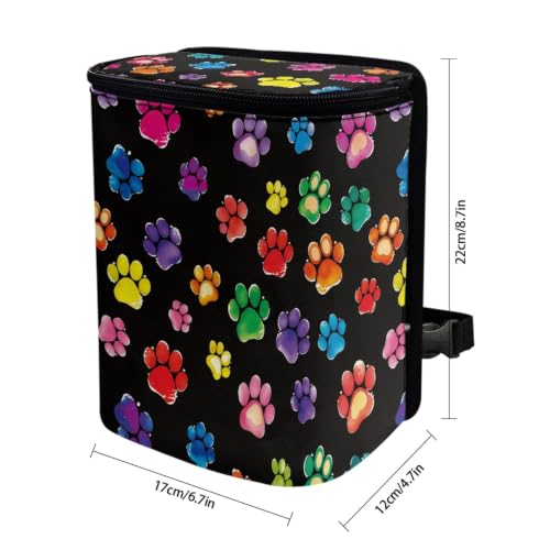 Image of Rainbow Dog Paw Print Car Trash Can Automotive Car Trash Bag with Lid Collapsible Waterproof Car Organizers and Storage Car Accessories for Women
