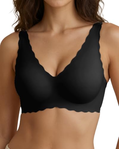Image of Ubras Deep V Seamless Bras for Women Scalloped Wireless Bralette Comfortable Soft Everyday Sleep Bras Smart Size