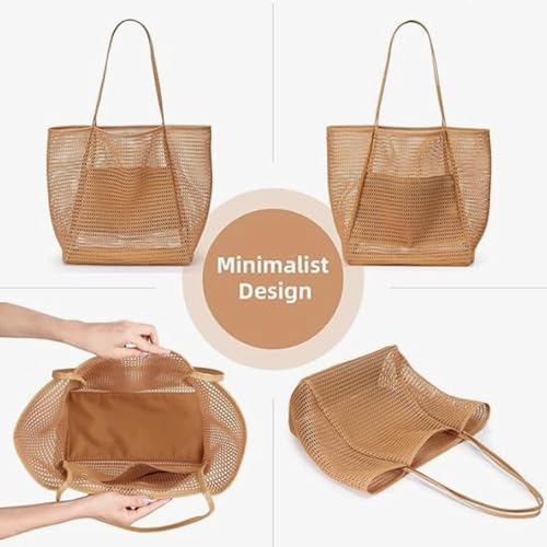 Beach Bags for Women, Summer Travel Mesh Tote Bag with Large Inner Pocket, Sandproof Woven Shoulder Handbag (Beige)2