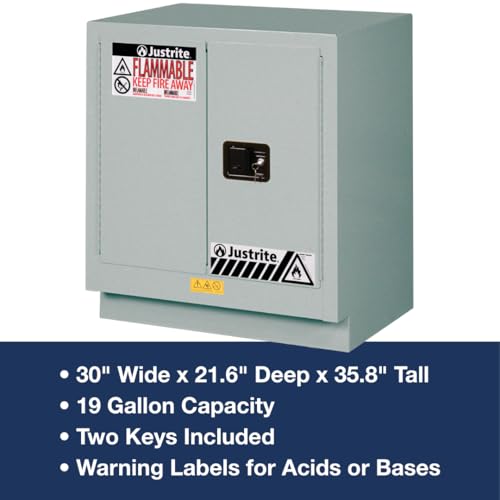 Image of Justrite Acid Corrosive Storage Cabinet - 19 Gallon 2 Door Manual Close Chemical Storage Cabinet with ChemCor Coating - 22 inch x 36 inch x 30 inch - Made in The USA - Silver - 8831042