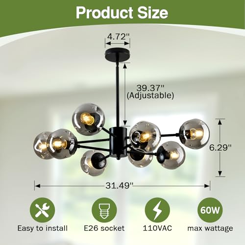 Image of 8-Light Sputnik Chandelier Black Mid Century Glass Globe Ceiling Light Fixture Modern Bubble Chandelier for Dining Room Living Room Kitchen Bedroom Farmhouse.