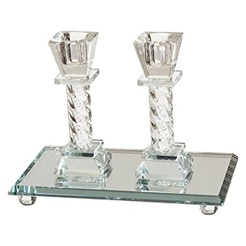 MASORET Modern Crystal Candlestick Set: 2 Elegant Matching Pair of 4.7 Inch Tall Fine Cut Glass Candle Holders Plus 6.9 by 4 Inch Mirrored Tray Stand Cover