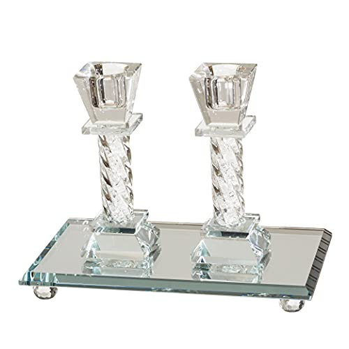 MASORET Modernes Kristall-Kerzenleuchter-Set: 2 elegante, passende Paar von 11,9 cm hohen Kerzenhaltern aus fein geschliffenem Glas plus 17,5 x 10,2 cm verspiegeltem Tablett Cover