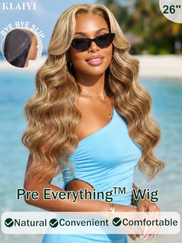 Image of KLAIYI Bye Bye Slip Ombre Highlight Honey Blonde Glueless Precut 7x5 Lace Front Loose Body Wave Wig Human Hair Drawstring Pre Plucked Bleached Knots Pre Everything 30S Ready to Wear and Go Wig 22Inch