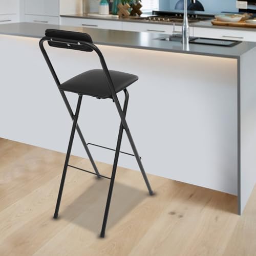 Butaco Plegable con Respaldo, Silla Alta Plegable Portátil con Asiento Acolchonado de Cuero, 27.6in Negro miniatura 5