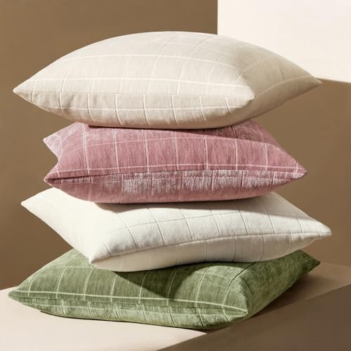Image of MIULEE Blush Pink Plaid Decorative Throw Pillow Covers 20x20 Set of 2 | Vintage Check Chenille Couch Pillows Neutral Boho Farmhouse Cushion Covers Modern Home Decor for Sofa Bed Living Room