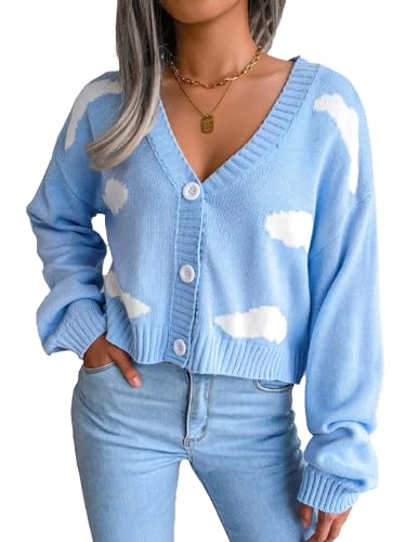Women's Cloud Print Cropped Button Front Long Sleeve V Neck Knit Cardigan Sweater