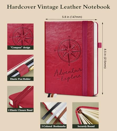 PAIBAS Lined Journal Notebook for Women Men, 160 Pages, A5 Hardcover Vintage Leather Journaling Notebooks for Work, School, Note Taking, Travel, Notepad, Daily Diary for Writing 5.8\"x8.5\"(Burgundy)
