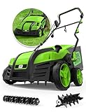 SWIPESMITH Electric Dethatcher Scarifier, 16-Inch 15 Amp Lawn Dethatcher with 5-Position Depth Adjustment, 14.5 Gal Removable Thatch Collection Bag, Quick-Fold, Keeps Lawn Health