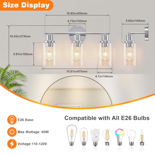 Image of DLLT 3-Light Bathroom Light Fixtures: Chrome Modern Vanity Lights with Clear Glass Shade - Bathroom Wall Lamp for Mirror Kitchen Living Room - 2 Packs