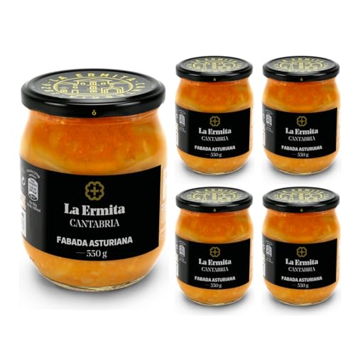 LA ERMITA Fabada Asturiana, Receta Tradicional con Fabes, Chorizo, Panceta y Morcilla, Sin Gluten, Conserva en Tarro de Vidrio, Lista para Calentar 550 g, (Pack 4 unidades)