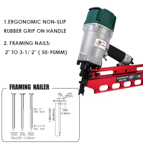 Image of Mexican Style 9021NS Framing Nailer 21 Degree 3-1 /2 inch with Depth Adjustment Professional Air Nail Gun