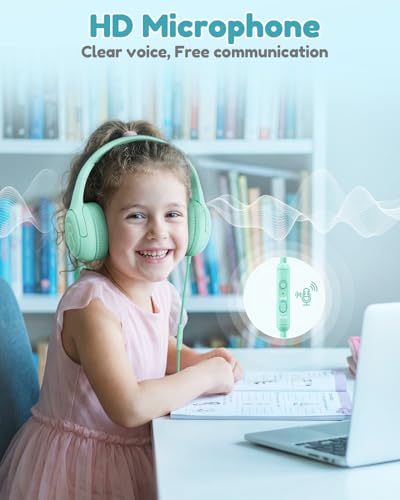 Image of awatrue Kids Headphones for School Travel, 85 /94dB Safe Volume Limit, 3.5mm Jack, HD Mic, Portable Wired Headphone with Shareport, Stereo Sound On-Ear Headphones for Toddler Kids Girls Boys Green