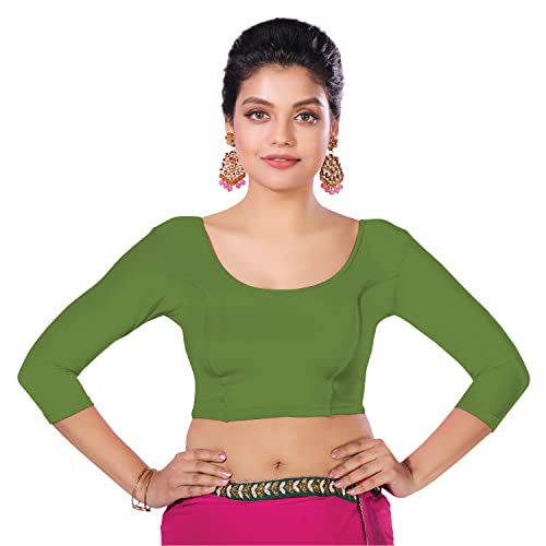 Image of Abhi Cotton Readymade Saree Blouse for Women- 3 /4 Sleeve, Round Neck, Regular-fit, Stretchable, Pull-on Style