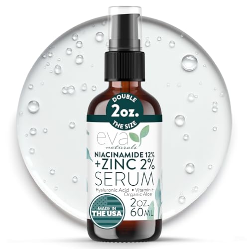 Eva Naturals Niacinamide 12% + Zinc 2% Serum for Face – Pore Minimizer, Dark Spot & Redness Relief, Oil Control with Botanical Hyaluronic Acid & Vitamin E (60 mL)