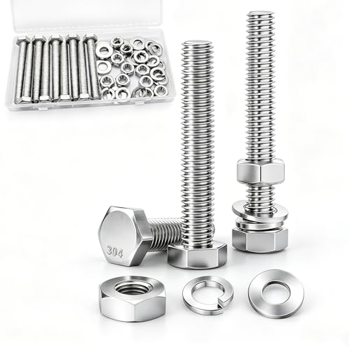 Image of 8 Sets 5 /16-18 x 2-1 /2 inch Stainless Steel Hex Head Screws Bolts, Flat, Nuts & Lock Washers,Hex Bolts 18-8(304) Full Thread