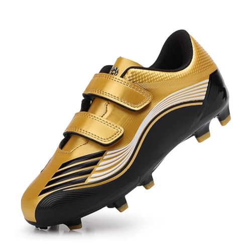 Boy And Girl Football Cleats Hook And Loop Soccer Shoes For Kid Low Top Professional Turf Shoes Indoor Outdoor Sport Athletic Ground Football Boots(Gold Black Size 34)