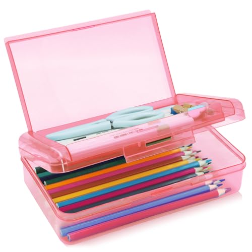 Image of 1 Pack Double Layer Hard Pencil Cases, Plastic Translucent Pencil Box with Snap-Tight Lid for Pens, Pencils, School, Stylish Office Supplies Storage Organizer Box,Medium-sized (Pink)