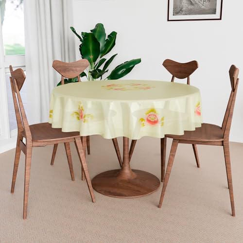 Image of Kuber Industries Round Table Cover | PVC 4 Seater Table Cloth for Round Tables | Flower Almond Kitchen Dining Tablecloth | 60 Inch | Cream