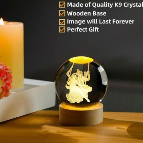 Image of Radha Krishna 3D Crystal Ball Night Light with LED Wooden Stand - Glass Sphere Aquarium Style Lamp for Room Decor & Unique Gifts