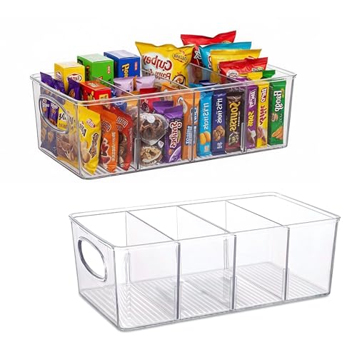 Paosvtch Clear Plastic Storage Bins with Removable Dividers Pantry Snack Organizer Kitchen Pantry Organizers and Storage Snack Drawer Organizer Fridge Organizer (2 Pack)