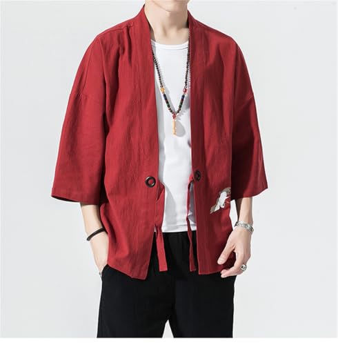 Bollrllr 2024 Cotton Linen Kimono Cardigan Men Traditional Clothing Belt Yukata Casual Street Wear2