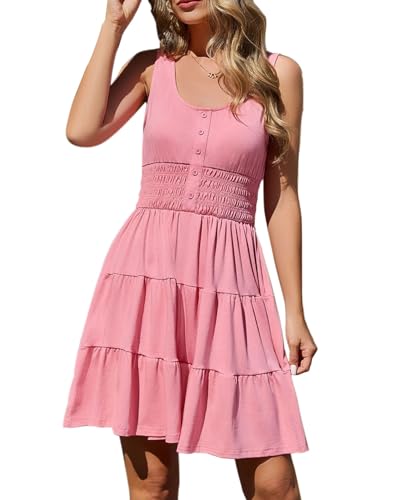 Image of Summer Dresses for Women Casual Sleeveless Sundresses Elastic Waist Mini Sun Dress