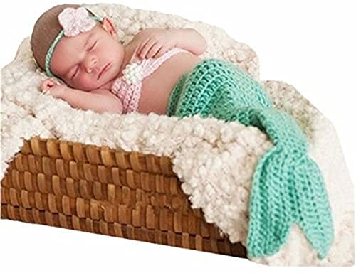 Image of Newborn Photography Props Baby Girls Crochet Knitted Outfits Mermaid Headband Bra Tail Set