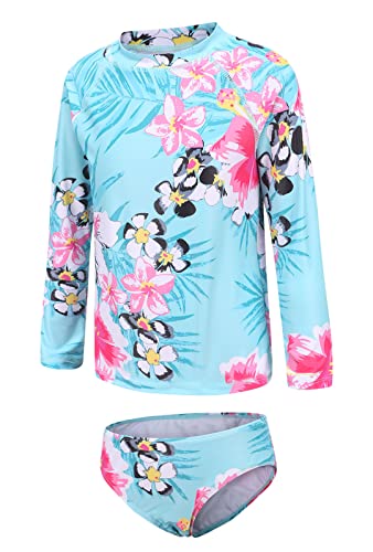 Image of Girls Two Piece Rash Guard Swimsuits Set Long Sleeve Bathing Suit with UPF 50+ Sun Protection Kids Sunsuits Swimwear Set