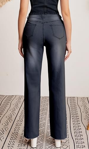 Women's High Waisted Stretchy Jeans with Pockets - Trendy Casual Buttoned Straight Leg Jeans2