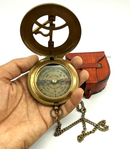 Brújula de bolsillo vintage de latón y cobre con reloj de sol funcional para navegación marítima, camping y senderismo con estuche de cuero miniatura 5