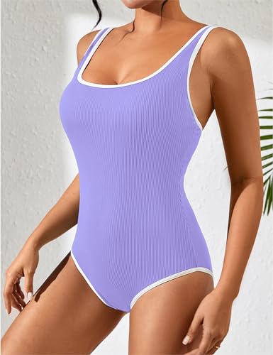 Image of BMJL Women's One Piece Swimsuit Sports Adjustable Strap Bathing Suit Color Block Ribbed High Cut Swimsuits