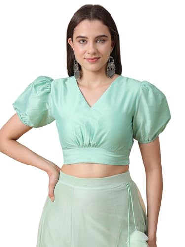 Image of Frolic Rolic Premium Silk V-Neck Blouse Readymade Saree Blouse - Designer Puff Sleeve Blouse for Wedding
