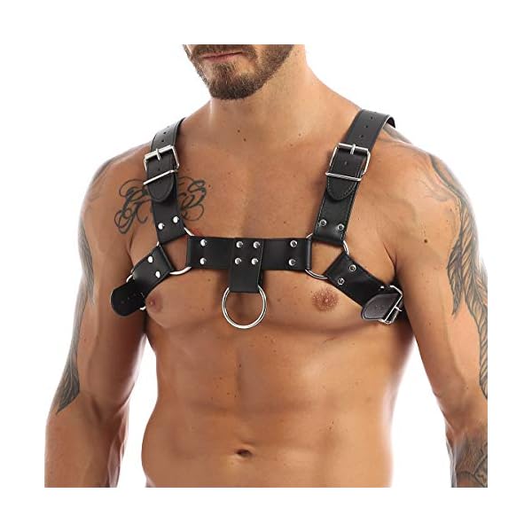 TiaoBug Herren Wetlook Leder Body PU PVC Brust Harness Punk Gothic Party Kostüme Zubehör sexy Sklave Cosplay Bandage…