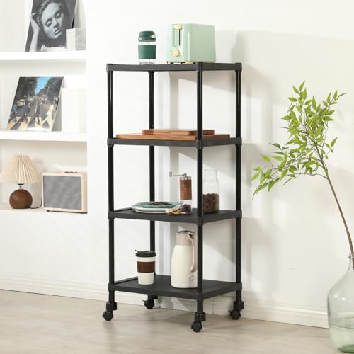 Image of HOME CUBE 4-Tier Storage Shelf with Plastic Shelves with Wheels Kitchen Organizer Rack Microwave Stand Bookshelf Standing Shelf Units Multipurpose Storage Rack for Living Room - 50x35x112 cm