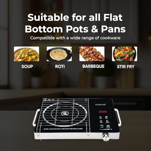 Image of Cadlec HeatMate 2200W Infrared Cooktop Stove with Grill Rack for Barbecue, Crystal Glass Plate, Digital Display, Touch Control, Infrared Hot Plate (Black)