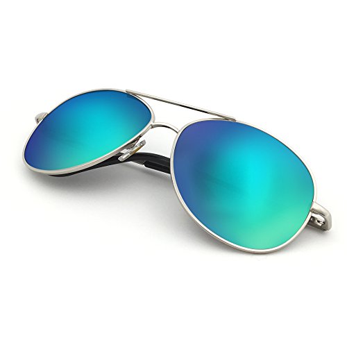 J+S Premium Military Style Classic Aviator Sunglasses, Polarized, 100% UV protection (Large Frame - Silver Frame/Green Mirror Lens)