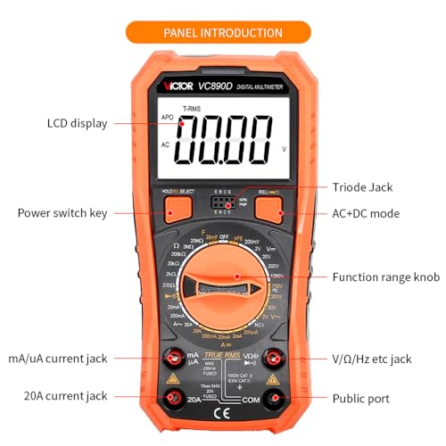 Image of Victor VC890D Digital Multimeter Tester, 1999 Counts, Measures DC /AC Voltage & Current Resistance Capacitance Frequency Diode Continuity Testing with Auto Power Off (Victor VC890D)