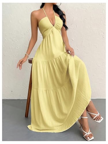 Image of SHENHE Women's Deep V Neck Tie Knot Backless Halter Dress A Line Flowy Ruffle Maxi Dress