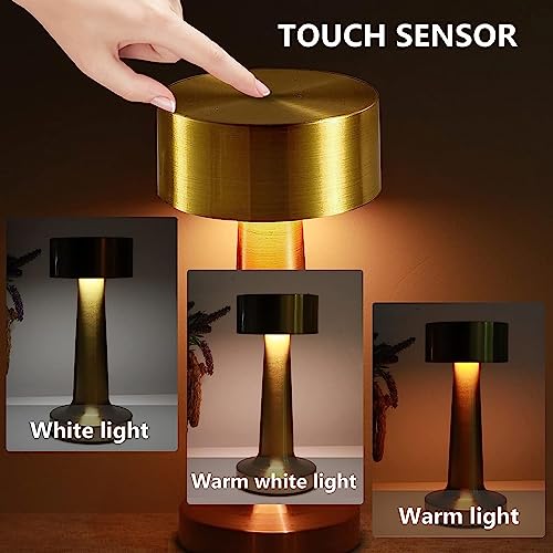 Image of XERGY LED Metal Lamp with Rechargable Battery Touch,3 Colors Stepless Dimming, 800MAH Rechargeable Battery Operated, Restaurant,Night Light for Kids Nursery,Nightstand (Gold)