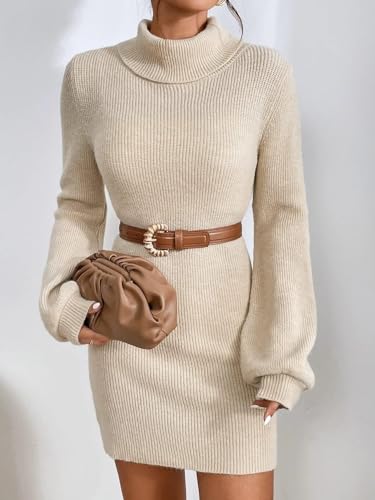 Turtleneck Sweater Dress for Women Lantern Sleeve Bodycon Pullover Mini Sweater Dress Stretchable Elasticity Slim4