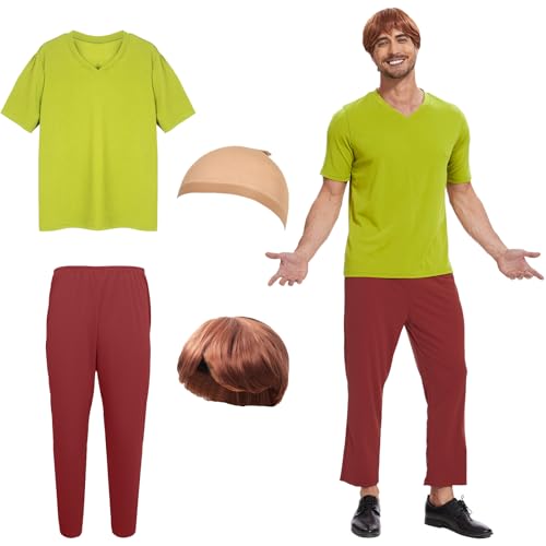 KDAFJLKD Adult Halloween Costume Men Classic Movie Cartoon Character Costumes Set Brown Wig Green T-Shirt and Brown Pants (Medium)