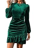 Simplee Womens Velvet Bodycon Mini Dress Long Sleeve Ruffle Hem Fall Winter Cocktail Dresses for Party Holiday Events(Dark Green L)